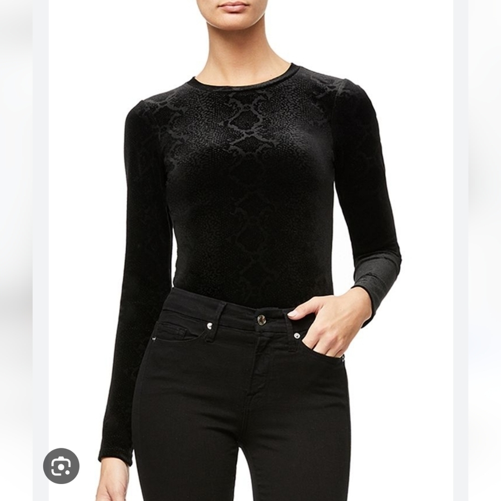 Good American Black Velvet Long Sleeve Bodysuit Stretchy Luxe Top